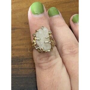Vintage Cocktail Ring Faux Baroque Branch Pearl and Rhinestones Gold Tone Sz 5.5